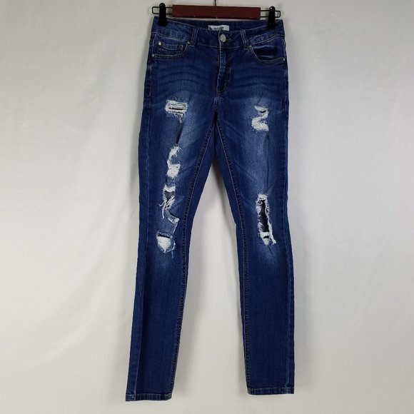 Refuge Jeans Womens Size 2 Mid Rise Skinny Leg Destroyed Medium Wash Blue Denim - Picture 1 of 15